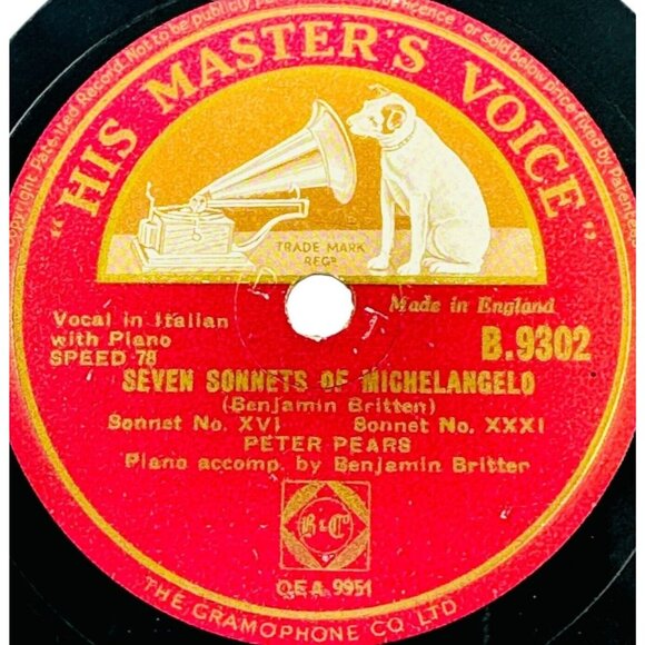 Peter Pears Seven Sonnets Of Michelangelo 10in Shellac 78 RPM HMV B.9302 Vintage - Picture 4 of 4